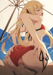 1boy 1girls anus asou_(asabu202) balls ballsack bikini bikini_aside blonde_hair blush blushing breasts breasts_out eyes_closed hands_on_ass long_hair medium_breasts mouth_open nipples penis penis_in_pussy pleasure_face pussy red_bikini saenai_heroine_no_sodatekata sawamura_spencer_eriri sex small_breasts sweat tied_hair umbrella uncensored vaginal_penetration