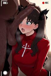 1boy 1girl ai_generated blush cheating cheating_girlfriend cock_shock dark-skinned_male fate/stay_night fate_(series) interracial large_penis light-skinned_female medium_breasts netorare recording straight surprised sweat testicles tohsaka_rin twintails waroffree