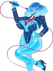 1female 1girls big_breasts blue_body blue_skin cleavage clothed clothed_female female gausscannon hand_on_hip heels hips hips_wider_than_shoulders huge_breasts lipstick microphone one_foot_raised open_mouth red_eyes red_tie shae_(the_choicer_voicer) shiny_hair shiny_skin slime slime_girl smiling_at_viewer solo solo_female the_choicer_voicer tie