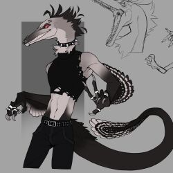 anthro anthro_only athletic athletic_anthro athletic_male austroraptor belt black_body black_clothing black_feathers chains claws clenched_teeth clothed clothed_male clothing collar crop_top dinosaur dromaeosaurid ear_piercing eyebrow_piercing feathered_dinosaur feathers goth goth_boy gothic jeans jewelry looking_at_viewer male male_focus male_only multicolored_body multicolored_feathers nose_piercing piercing prehistoric_species red_eyes reptile ring ring_piercing scalie seductive seductive_smile sinful_claws smile smiling smirk smirking spiked_collar teeth theropod two_tone_body two_tone_feathers white_body white_feathers