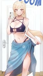 bare_arms bare_belly bare_legs bare_shoulders bare_thighs belly_button bikini black_eyes blonde_hair blue_bikini blush breasts changing_room choi_taeyoung cleavage closed_mouth collarbone holding_phone huge_breasts learning_the_hard_way long_hair manhwa pareo pointy_chin pornhwa shiny_skin sideboob smile standing thighs underboob webtoon yejin_lim