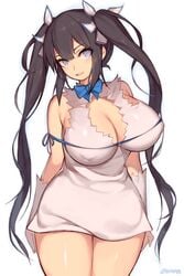 1girls bare_shoulders black_hair blue_eyes blush breasts cleavage cleavage_cutout dress dungeon_ni_deai_wo_motomeru_no_wa_machigatteiru_darou_ka erect_nipples gloves hair_ornament hair_ribbon head_tilt hestia_(danmachi) huge_breasts long_hair looking_at_viewer mukka open_mouth rei_no_himo ribbon simple_background smile thighs twintails white_background white_dress