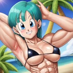 1girls abs ai_generated arm_behind_head armpit armpit_fetish armpits beach big_breasts black_bikini blue_eyes blue_hair blush breasts bulma_briefs bulma_briefs dragon_ball dragon_ball_super dragon_ball_z female female_abs female_only fit fit_female looking_at_viewer micro_bikini muscles muscular muscular_female puckout smile smiling smiling_at_viewer sweat sweat_fetish sweating sweaty sweaty_armpits sweaty_body sweaty_breasts tight_bikini