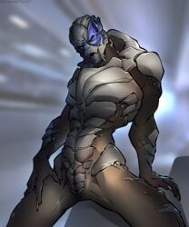 alien animal_genitalia bioware blue_eyes bodypaint electronic_arts face_paint facial_scar garrus_vakarian genital_slit genitals hand_on_leg hand_on_thigh head_tilt hi_res ket-dawnatsunset leaning leaning_backward looking_at_viewer male male_only mass_effect nude open_mouth presenting_slit reclining scar scouter solo spread_legs spreading teeth turian