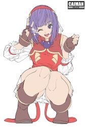 1girls athena_asamiya big_breasts boots dress female from_below hair_ornament hand_gesture high_heels king_of_fighters legs light-skinned_female light_skin long_sleeves looking_at_viewer magic magical_girl necklace one_eye_closed open_mouth purple_eyes purple_hair short_hair shorts skirt squat squatting star thick_thighs thighs