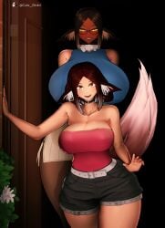 2girls 3d 3d_(artwork) age_difference airi_oshi big_breasts breasts breasts_bigger_than_head brown_hair choker cleavage clothed cute_birdd daughter devious_grin dog_ears dog_tail female female_only glowing_eyes grin hag hips_wider_than_shoulders huge_breasts koikatsu light-skinned_female light_skin massive_breasts milf mommy mother original outside pov red_eyes size_difference smiling smug thin_waist tubetop two_tone_hair vera_oshi_(cute_birdd) white_hair wide_hips yellow_eyes