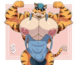 1boy bara bara_tiddies bara_tits big_balls big_breasts big_chest big_nipples big_pecs bulge busty goatghost huge_breasts huge_chest huge_pecs male male_only muscular muscular_male raymundo_(voyagersscrapbook) solo solo_male sunglasses tiger