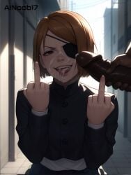 1boy1girl ai_generated ainoob17 big_penis brown_hair cuckold_pov cum cum_in_mouth cumshot dark-skinned_male eye_patch eyepatch facial jujutsu_kaisen kugisaki_nobara middle_finger penis school_uniform smile stable_diffusion tagme