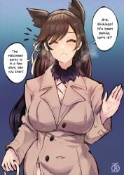 1girls animal_ears atago_(azur_lane) azur_lane breasts brown_eyes brown_hair brown_jacket detective english_text female halloween jacket large_breasts light-skinned_female light_skin long_hair revolverwingstudios sakura_empire_(azur_lane) solo speech_bubble standing text