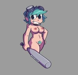 1girls bat black_eyes blush female geekboylewds goggles goggles_on_head green_hair hand_on_hip holding_object pubic_hair ramona_flowers scott_pilgrim short_hair solo solo_female star-shaped_pubic_hair