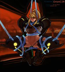 alternate_costume alternate_version_available armor arms_behind_back background bare_legs bare_midriff blonde_hair blue_eyes bondage female female_only human metroid metroid_prime nintendo patreon_logo patreon_username phazon_slut ponytail power_suit pubic_stubble pussy restrained samus_aran signature solo spread_legs tentacle thick_thighs torn_bodysuit