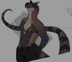 abelisaurid anthro anthro_only belt big_chest black_clothing black_pants brown_body brown_scales carnotaurus claws clothed clothed_male clothing dinosaur furry horn horn_piercing jeans male male_focus male_only multicolored_body multicolored_scales muscular muscular_anthro muscular_male nipple_piercing piercing piercings prehistoric_species reptile scalie seductive seductive_eyes seductive_gaze seductive_look seductive_smile shirtless shirtless_male sinful_claws smile smiling smiling_at_viewer smirk smirking smirking_at_viewer solo solo_male teal_eyes teeth theropod topless topless_anthro topless_male