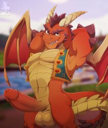 1boy 2019 activision anthro balls bedroom_eyes big_penis conditional_dnp delbin_(spyro) dragon erection flexing half-closed_eyes hands_behind_head hi_res horn humanoid_penis looking_at_viewer male male_only membrane_(anatomy) membranous_wings muscular muscular_male navel open_vest penis pose red_scales scales seductive smile smirk solo spiked_tail spyro_reignited_trilogy spyro_the_dragon video_games wings xnirox