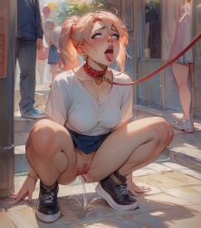 ahe_gao ai_generated budenhoso collar female female_focus female_only leash peeing petplay public public_humiliation squatting squirting stable_diffusion