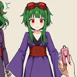 ai_generated breasts female goggles goggles_on_head green_hair gumi holding_remote japanese_clothes kimono long_sleeves looking_down masa_works_design mjdennsfw mv_character oni_to_kitsune_no_hanashi pov purple_kimono red_eyes red_goggles red_sash self_upload sex_toy short_hair_with_long_locks small_breasts solo_focus squirming the_doll_owner_(onibi_series) vibrator vibrator_under_panties wide_sleeves