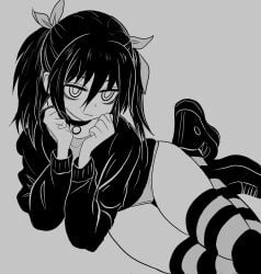 artist_request bags_under_eyes black_and_white kuroki_tomoko monochrome on_floor panties thick_thighs thighhighs thighs watashi_ga_motenai_no_wa_dou_kangaetemo_omaera_ga_warui! xnandoneko