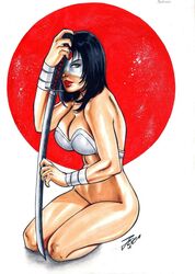 1girls 2019 bandages big_breasts black_hair bottomless bra breasts busty cleavage dated dc dc_comics ed_benes_studio facepaint female female_only green_eyes holding_katana holding_sword human japanese_flag joe_lima katana katana_(dc) kneeling large_breasts lipstick makeup no_panties outsiders pinup red_lips red_lipstick short_hair signature solo suicide_squad superheroine sword tatsu_yamashiro thighs white_bra