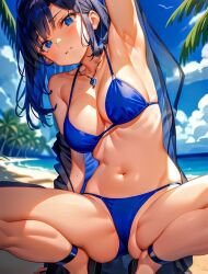1girls adult ai_generated artist_request bare_midriff beach bikini black_hair blue_bikini blue_eyes blue_hair blue_swimsuit breasts character_request cleavage clouds crouching daytime female female_only human large_breasts mature naughty navel necklace outdoors outside palm_tree seducing seduction seductive solo source_request swimsuit tagme two-piece_swimsuit two-tone_hair