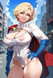 2d ai_generated big_breasts blonde_hair blue_eyes city cleavage cleavage_window cloak day dc dc_comics gloves hellblueboy4 leotard outdoors power_girl red_cloak rope short_hair smile solo solo_female solo_focus superheroine sweat tagme white_leotard