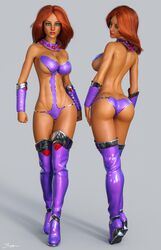 1girls 3d alien_girl ass back_view big_breasts boots bracers breasts busty cleavage collar curvaceous curvy dat_ass dc dc_comics female female_only from_behind front_view green_eyes green_sclera koriand'r large_breasts looking_back orange_hair orange_skin pinup purple_boots purple_collar purple_swimsuit red_hair signature solo standing starfire superheroine swimsuit tamaranean teen_titans thick_ass tiangtam tiptoes voluptuous