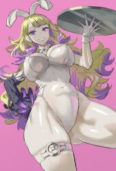 blonde_hair blue_eye bunnysuit diabellze_the_original_sinkeeper duel_monster female heterochromia huge_breasts kazo lipstick looking_down low-angle_view purple_eye smile solo thick_legs thigh_squish yu-gi-oh!