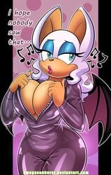 1girls animal_ears anthro bat_wings blue_eyes blue_nails breasts catsuit cleavage dialogue female female_only furry large_breasts latex looking_away makeup mascara nail_polish omegasunburst painted_nails rouge_the_bat sega sonic_(series) thighs whistle wide_hips wings