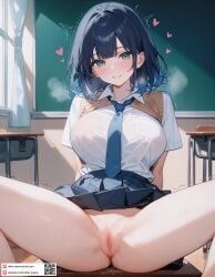 ai_generated black_hair black_skirt blue_hair blue_necktie blue_skirt blush breasts censored chalkboard classroom closed_mouth clothes_lift collared_shirt desk dmk_meow female gradient_hair green_eyes heart indoors kurokawa_akane large_breasts looking_at_viewer medium_hair mosaic_censoring multicolored_hair necktie no_panties on_desk oshi_no_ko pleated_skirt pussy pussy_juice qr_code school_chair school_desk school_uniform shirt short_hair short_sleeves sitting sitting_on_desk skirt skirt_lift smile solo spread_legs sweat sweater_vest thighs trembling white_shirt window