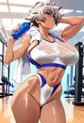 1girls 2d ai_generated big_breasts dark-skinned_female dark_skin female_focus female_only gym gym_uniform indoors mikogami_matora short_hair solo solo_female solo_focus sports_bra sportswear sweat tagme tan_body tomboy towel white_hair yuragisou_no_yuuna-san