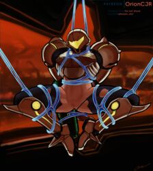 alternate_costume alternate_version_available armor arms_behind_back background bare_legs bare_midriff blonde_hair blue_eyes bondage female female_only human metroid metroid_prime nintendo patreon_logo patreon_username phazon_slut power_armor power_suit pubic_stubble pussy restrained samus_aran signature solo spread_legs tentacle thick_thighs torn_bodysuit