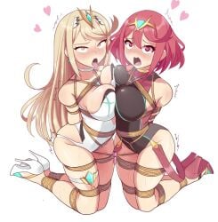 2girls bagelbomb blonde_hair bondage breast_squish core_crystal earrings edit heart-shaped_pupils heels large_breasts mythra nintendo pyra red_eyes red_hair tiara tongue_out xenoblade_(series) xenoblade_chronicles_2