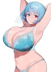 1girls arms_behind_back arms_up belly_button big_breasts blue_eye blue_hair braid breasts breasts_bigger_than_head color female female_only heterochromia karakasa_obake kogasa_tatara large_breasts looking_at_viewer partially_clothed red_eye smile solo solo_female tatara_kogasa touhou underwear urizaku3 yokai youkai