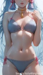 ai_generated belly belly_button bikini bra breasts genshin_impact grey_bikini grey_hair hips kamisato_ayaka panties sweat sweatdrop unforgiving wet wet_body wet_pussy wet_skin