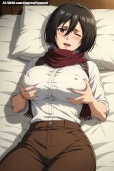 ai_generated aindroidparanoid ass attack_on_titan bed bedroom black_eyes black_hair breasts busty curvy female female_only grabbing grabbing_own_breast hips huge_ass huge_breasts indoors mikasa_ackerman narrow_waist parted_lips scarf shingeki_no_kyojin short_hair slim_waist squeezing_breast stable_diffusion straight_hair tight_clothing touching_breast voluptuous