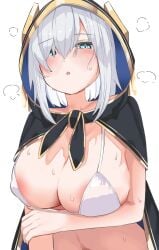 :o areola_slip arm_under_breasts ars_almal bikini black_cloak blue_eyes blush breasts breath cloak female hair_between_eyes hair_over_one_eye hood hood_up hooded_cloak hot large_breasts looking_at_viewer looking_down micro_bikini nijisanji short_hair simple_background solo sweat sweetslove198 swimsuit virtual_youtuber white_background white_bikini white_hair