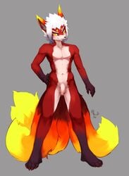 2016 4_fingers 4_toes 5_fingers anthro biped canid canine fingers flaccid foreskin fox fur hair hi_res humanoid_penis linlvjia male male_only mammal multi_tail navel nude orange_fur partially_retracted_foreskin penis red_fur solo standing toes tongue tongue_out uncut white_hair yellow_eyes yellow_fur