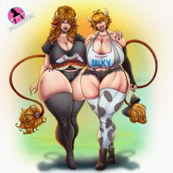 cow_ears cow_girl cow_print daughter fitness kemono mommy muscular_female red_hair stockings underwear