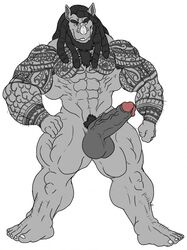 abs anthro arm_hair balls big_balls big_muscles chest_tuft clenched_fists crotch_tuft facial_hair feet grey_skin grin hairy_feet hand_on_thigh hi_res humanoid_penis leg_hair male male_only mammal muscular nipples penis rhinocerotoid sh0tty simple_background smile solo tuft vein veiny_penis white_background