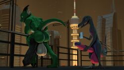 2024 2_horns 3d_(artwork) acey_(aceydrgn) aceydrgn anthro ass backsack balls bent_over big_balls big_butt big_penis black_penis building city city_background digital_media_(artwork) dragon duo erection generation_7_pokemon genitals glans hi_res horn huge_balls huge_cock humanoid_genitalia humanoid_penis hyper hyper_balls hyper_genitalia hyper_penis knot knotted_penis male male/male male_anthro muscular muscular_anthro muscular_male mythological_creature mythological_scalie mythology nintendo nude nude_anthro nude_male outside penis pink_penis pokemon pokemon_(species) presenting presenting_hindquarters purple_glans raised_tail rooftop salazzle scalie sky source_filmmaker_(artwork) tail vein veiny_penis