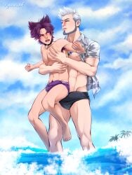 age_difference angry_face beach beard camp_buddy gay goro_nomoru grey_hair holding_breast lawwclair male male_only older_male purple_eyes purple_hair red_eyes sea size_difference underwear underwear_only water yoichi_yukimura younger_male