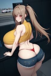 ai_generated alternate_breast_size ass bangs bare_shoulders blue_shorts blush breasts brown_hair croptop denim denim_shorts eonsang_(style) eyebrows_visible_through_hair female gigantic_breasts girls'_frontline grin hair_ribbon huge_ass long_hair looking_at_viewer midriff outdoors public red_eyes red_thong ribbon self_upload shirt short_shorts shorts sideboob smile sweat teeth thick_thighs thighs thong twintails ump9_(girls'_frontline) underboob wide_hips yellow_shirt