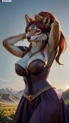 ai_generated animal_ears anthro armpits arms_up artist_name bracelet breasts cleavage dress female female_anthro furry furry_female hi_res high_resolution highres jewelry large_breasts long_hair outdoors photorealistic purple_dress realistic red_eyes red_hair sky snout solo stable_diffusion tiara twitter twitter_username watermark yiffyjiffy2 yiffyjiffy69