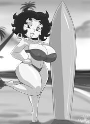 beach betty_boop betty_boop_(series) bikini black_and_white cartoony female huge_ass huge_breasts huge_butt huge_thighs monochrome rubberhose shonuff solo surfboard thicc-verse toon toony