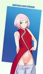 1girls boruto:_naruto_next_generations clothing dress eleone female female_only fully_clothed green_eyes mature_female milf naruto naruto_(series) pants_down pink_hair pussy sakura_haruno solo vagina