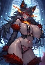 1girls ahy_(ai_artist) ai_generated animal_ears animal_humanoid big_breasts black_hair bra breasts collar flaming_eyes gray_body grey_body grey_skin hair hellhound_(monster_girl_encyclopedia) huge_breasts humanoid large_breasts long_hair looking_at_viewer markings midriff monster_girl monster_girl_(genre) monster_girl_encyclopedia navel nipple_bulge open_mouth panties partially_clothed pubic_tattoo red_eyes skimpy_clothes solo spiked_collar standing tattoo thong tongue tongue_out wet white_sclera