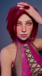 1girls 3d 9:16 animated breasts butt_crack cleavage green_eyes light-skinned_female light_skin looking_at_viewer medium_breasts monna_haddid nipple_bulge pink_lipstick red_hair short_hair shorter_than_10_seconds smile solo sound tagme vertical_video video