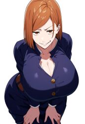 ai_generated brown_eyes brown_hair huge_breasts jujutsu_kaisen kugisaki_nobara large_breasts lubbasdump raised_eyebrow school_uniform smirk smirking wide_hips