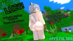 ass ass_focus big_ass big_butt butt_focus dialogue forest gray_hair light_skin lucy_the_wolf mine-imator minecraft mystic100 naked naked_female nude nude_female outdoors rabbit wolf_ears wolf_girl wolf_tail