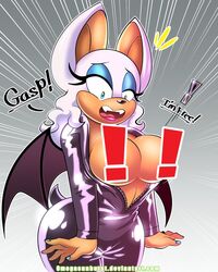 ! 1girls animal_ears anthro ass bat_wings blue_eyes blue_nails bodysuit breasts breasts_out bursting_breasts catsuit censored dialogue embarrassed fangs female female_only furry large_breasts latex_suit makeup mascara nail_polish nipple_censor omegasunburst open_mouth painted_nails rouge_the_bat sega sonic_(series) thighs wide_hips wings zipper zipper_malfunction