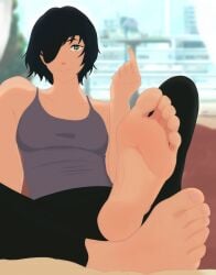 barefoot barefoot_under_trousers black_hair black_legwear chainsaw_man city city_background daylight feet female female_only foot_fetish foot_focus himeno_(chainsaw_man) one_eye_covered one_eye_obstructed one_finger_up presenting_feet short_hair short_hair_female small_breasts strong_woman toes trousers vest window