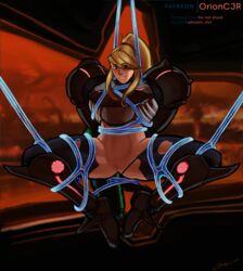 2d alternate_costume alternate_version_available armor arms_behind_back background bare_legs bare_midriff blonde_hair blue_eyes bondage female female_only human metroid metroid_prime nintendo patreon_logo patreon_username phazon_slut ponytail power_suit pubic_stubble pussy restrained samus_aran signature solo spread_legs tentacle thick_thighs torn_bodysuit